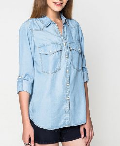 เสื้อเชิ้ตแขนยาว Snap-button Light-washed Denim